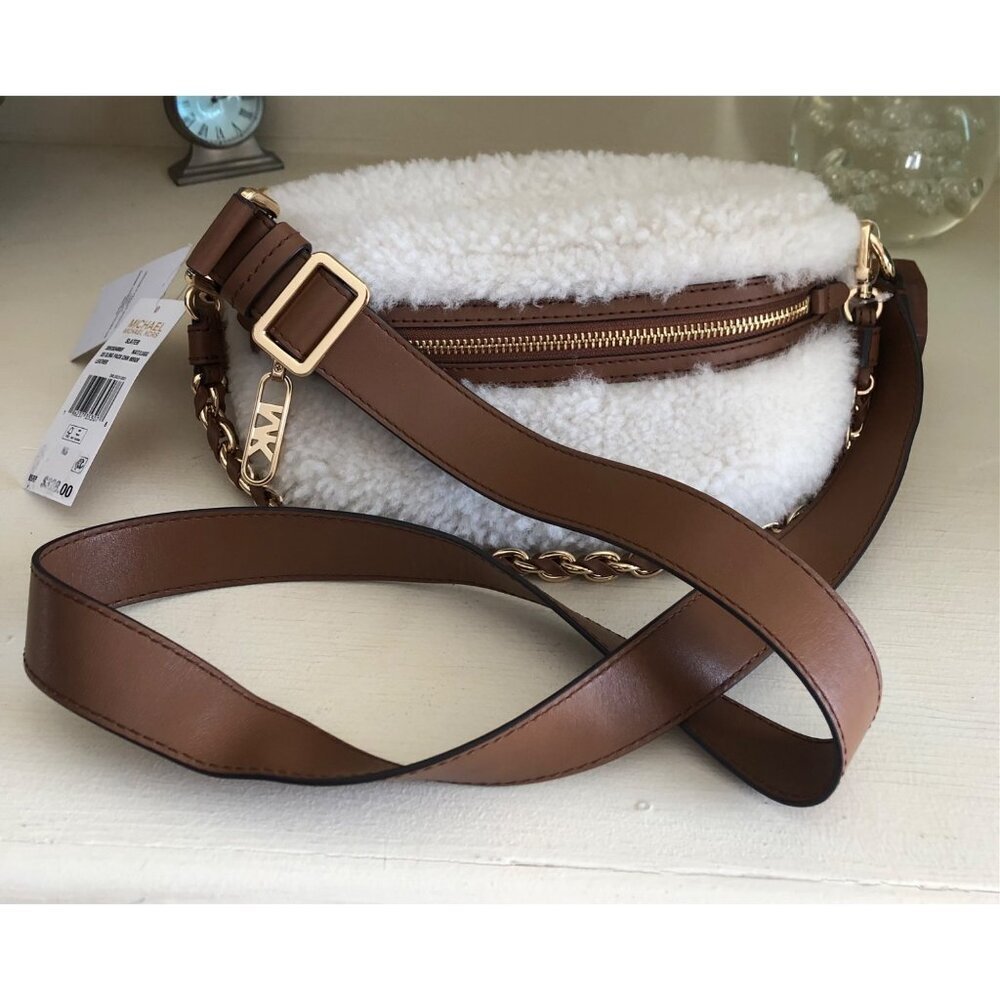 Nwt Michael Kors Sling Sherpa Gold Chain Messenger Handbag With Leather Trim